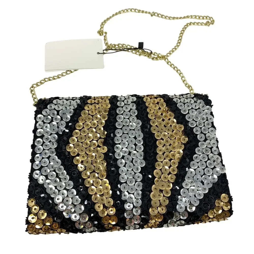 Vintage Regale LTD Black Gold Silver Sequin Beaded Evening Clutch Chain Purse